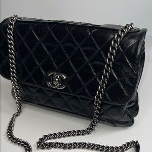 ❤️NWT CHANEL CC FLAP BAG IN BLACK AGED CALFSKIN LEATHER W/ RUTHENIUM HARDWARE